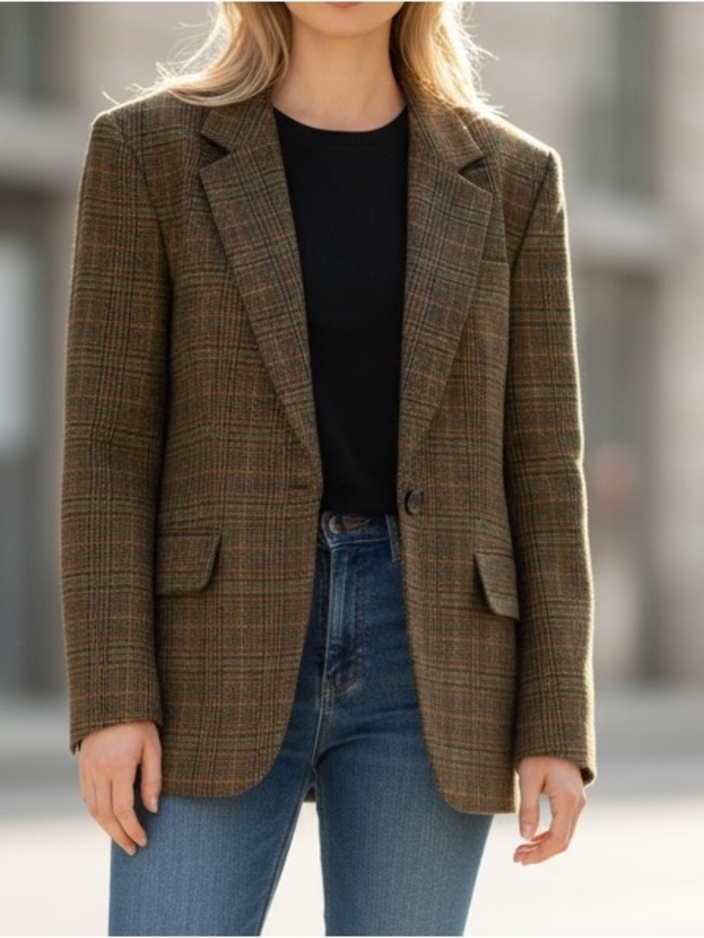 Alia Brown Green Wool Blend Houndstooth Paid Classic Vintage Blazer Sz M
